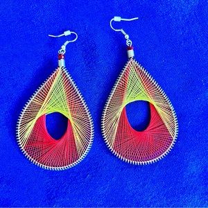 Teardrop String Art Pendant Retro Funky 70’s Red Yellow Silver Fresh Earrings